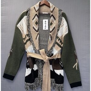 REVEL Aztec Buffalo Knit Cardigan Sweater Womens M Belted Fringe Southwestern